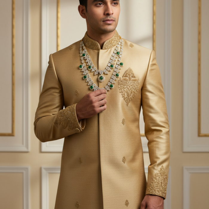 Model with Sherwani, Touching Necklace Model with Sherwani, Touching Necklace