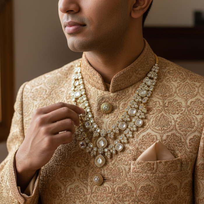 Sherwani Model Angle 4 (Close-up Detail) Sherwani Model Angle 4 (Close-up Detail)