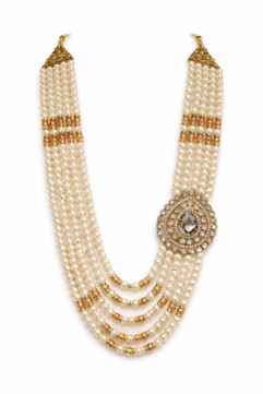 Royal Pearl Groom Mala for Men | Multi-Layer Wedding Necklace with Kundan Brooch Pendant | Sherwani Jewellery Haar (Gold & White)