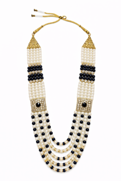 Royal Black & White Pearl Groom Mala for Men | Multi-Layer Wedding Necklace with Kundan Brooch | Sherwani Jewellery Haar (Gold Finish)