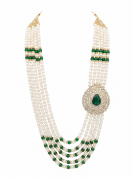 Royal Pearl Groom Mala for Men with Green Stone Brooch | Wedding Sherwani Mala | Dulha Haar Multi Layer Pearl Necklace (Gold Finish)