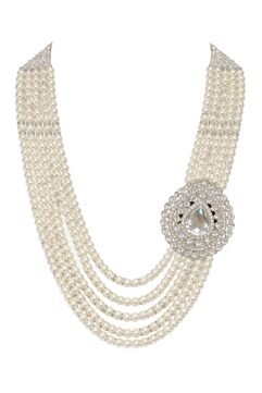 Royal Pearl Groom Mala for Men with White Stone Brooch | Wedding Sherwani Mala | Dulha Haar Multi Layer Pearl Necklace (Silver Finish Look)