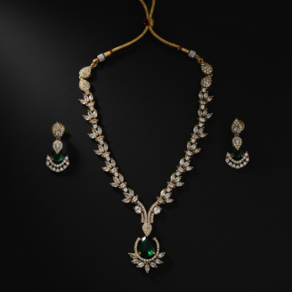 Luxury Green Stone Diamond Necklace Set for Women | Bridal Wedding Jewelry Set | Elegant Party Wear Necklace Earrings Combo