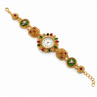 Women Royal Designer Bracelet Watch | Multicolor Stone Gold Tone Analog Wrist Watch | Ethnic Jewellery Watch for Girls