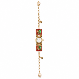 Women Traditional Square Bracelet Watch | Red Green Designer Gold Tone Analog Wrist Watch for Girls