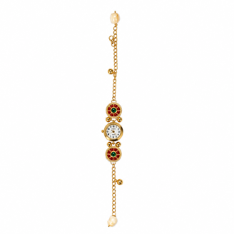 Women Traditional Meenakari Bracelet Watch | Red Green Gold Tone Designer Analog Wrist Watch for Girls